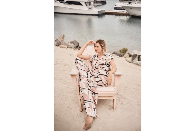 Joseph Ribkoff Recycled Satin Abstract Print Boxy Top With V-neckline