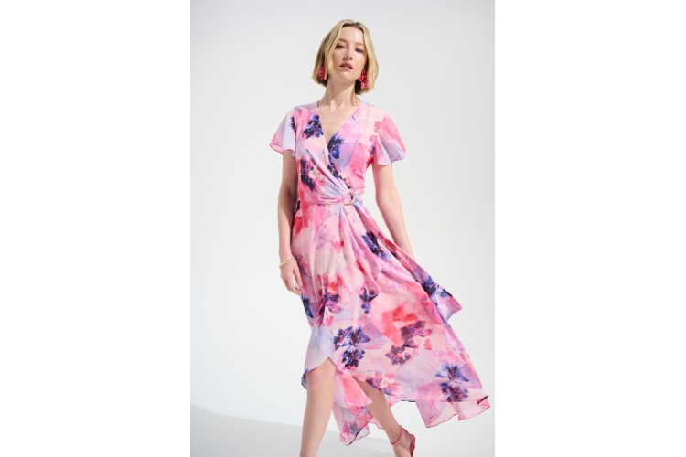 Joseph Ribkoff Signature | Multi Chiffon Print Wrap Dress With Ruffle Detail